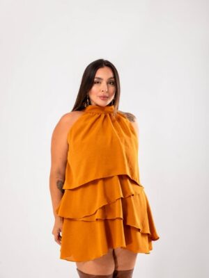 Vestido Babado Duna Forrado Tam. 44/46 Caramelo